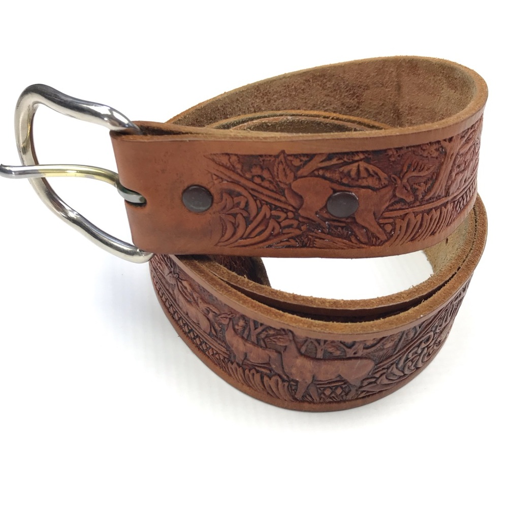 Vintage Hand Tooled Leather Belt Deer Elk Large XL